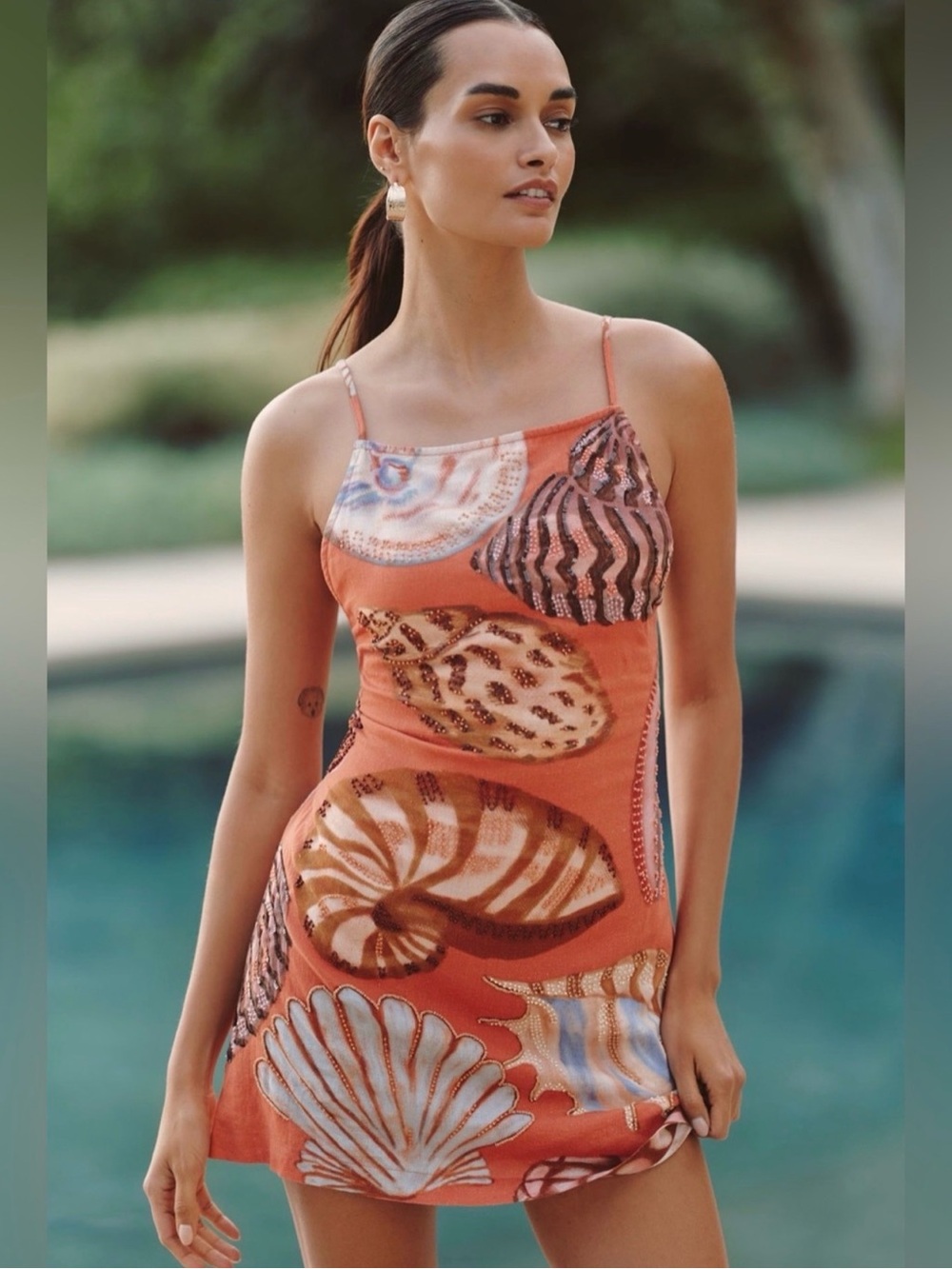 Women's Orange Shell-Print Midi Dress with Spaghetti Straps
